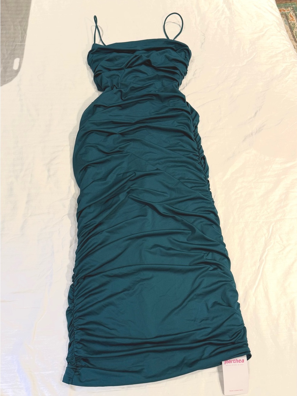 NWT Parthea Teal Ruched Spaghetti-Strap Midi Dress